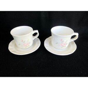 Pfaltzgraff Tea‎ Rose Set of 2 Cups/Saucers Pink Roses/Blue Flowers Scalloped